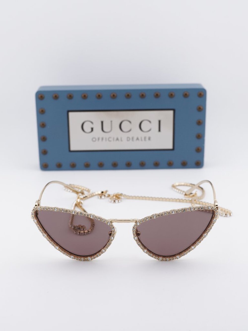 Gucci GG1569S 001 Cat Eye Sunglasses - Gold with White Stone / Brown - Picture 7 of 12